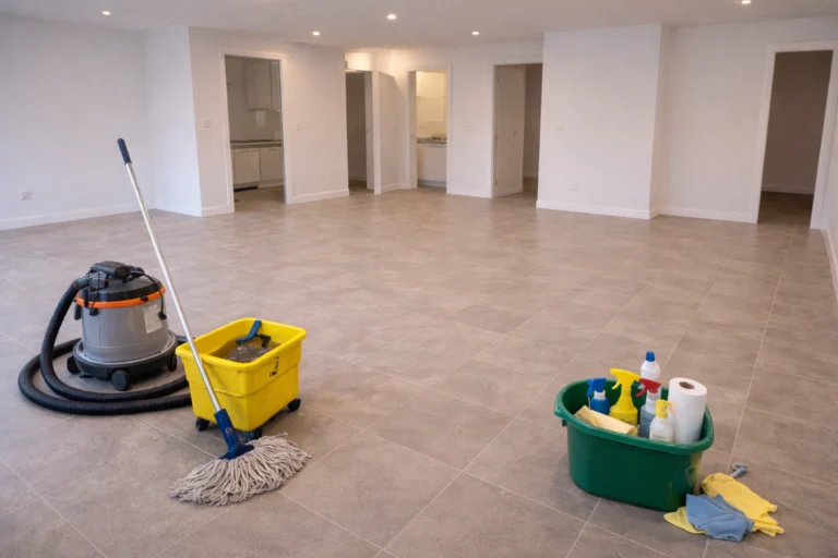 Open-plan room after an after builders clean, with vacuum, mop bucket and cleaning supplies