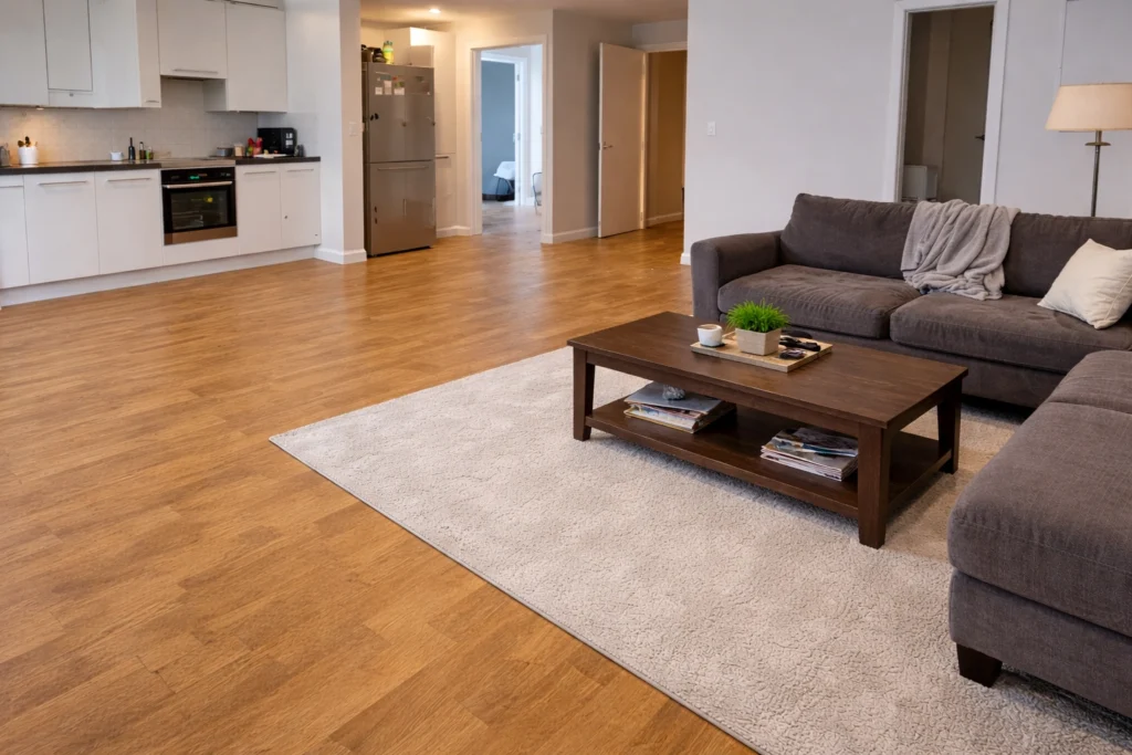 Clean one-bedroom flat living room and kitchen after a professional clean