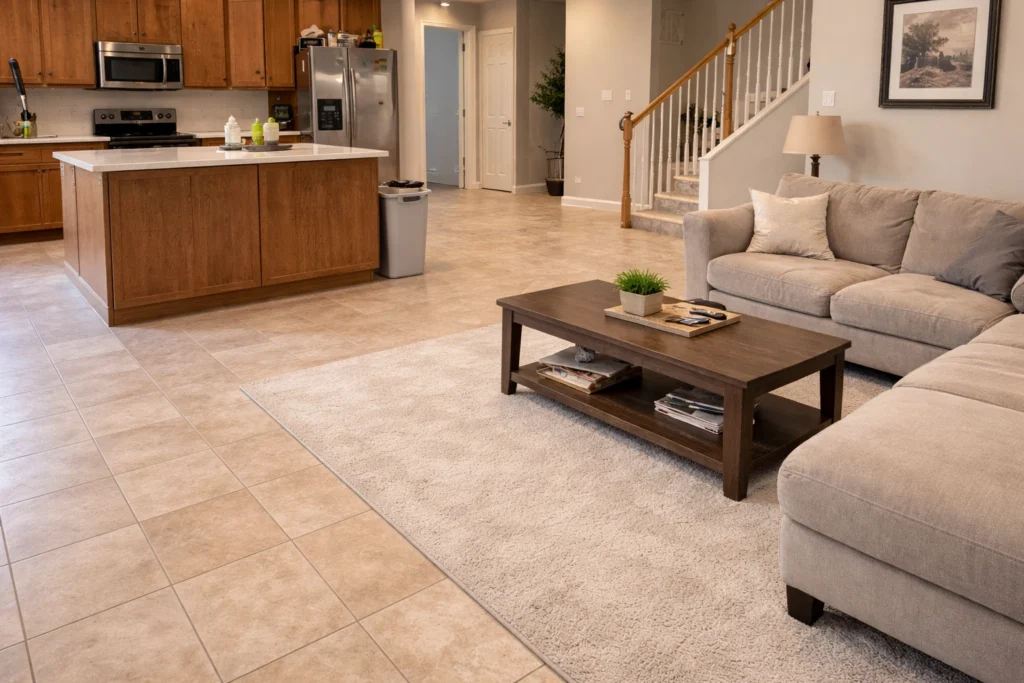 Open-plan kitchen and living area after a post-renovation deep clean