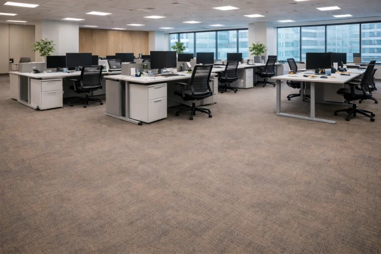 Clean open-plan London office with tidy desks and vacuumed carpet