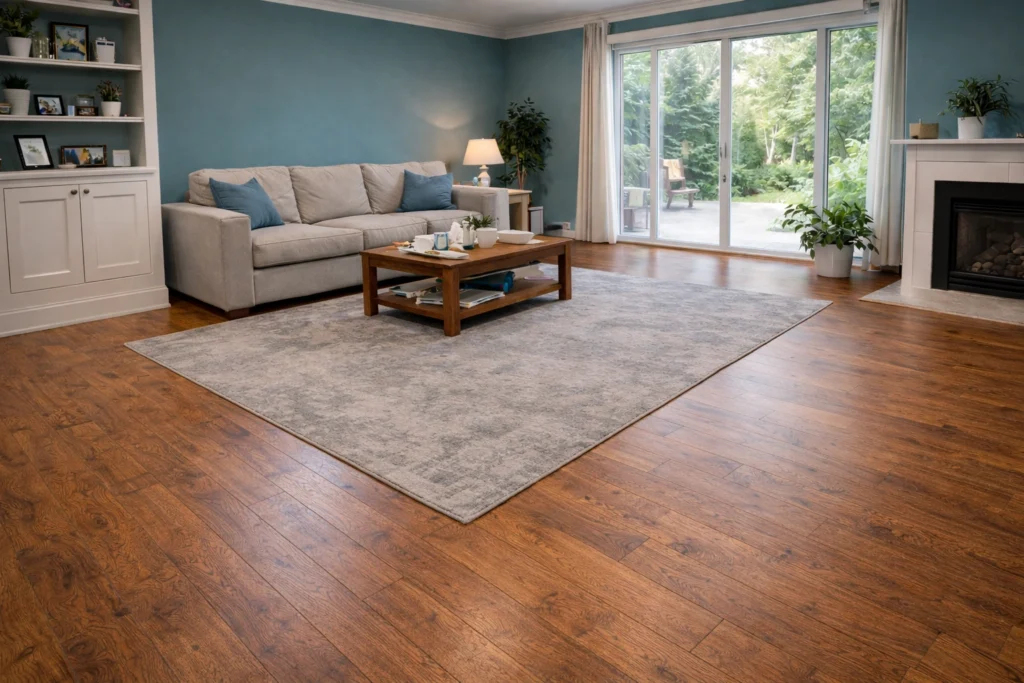 Clean, tidy living room with sofa and rug, ready for the next guest