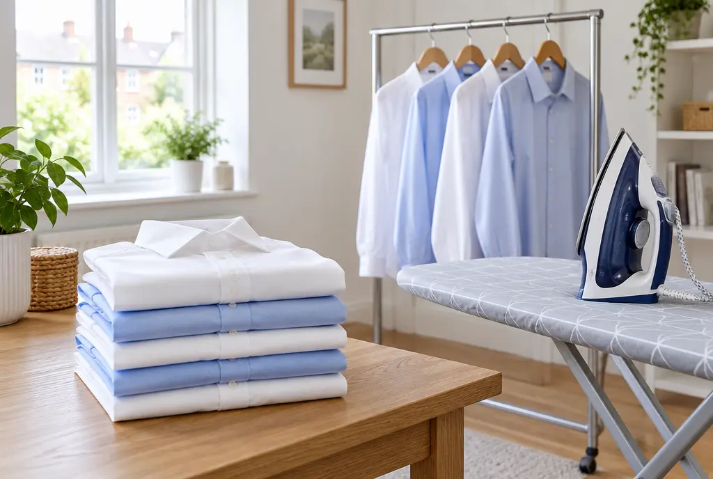 Freshly ironed shirts folded and on hangers beside an ironing board and steam iron