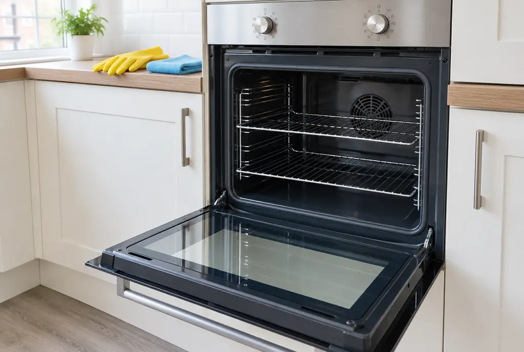 Clean oven with door open showing spotless racks and glass, ready for an end of tenancy check-out