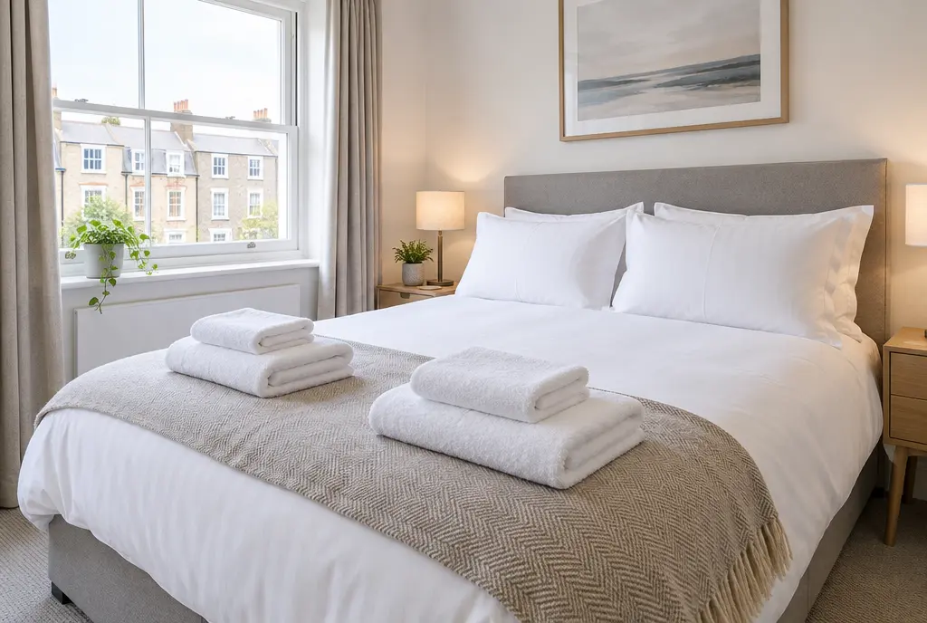 Short-let bedroom made up with fresh white linen and folded towels ready for the next guest